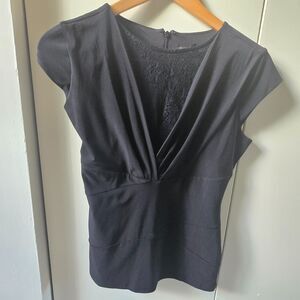 White House Black Market Black Cap Sleeve Knit Top with Black Lace - Size S